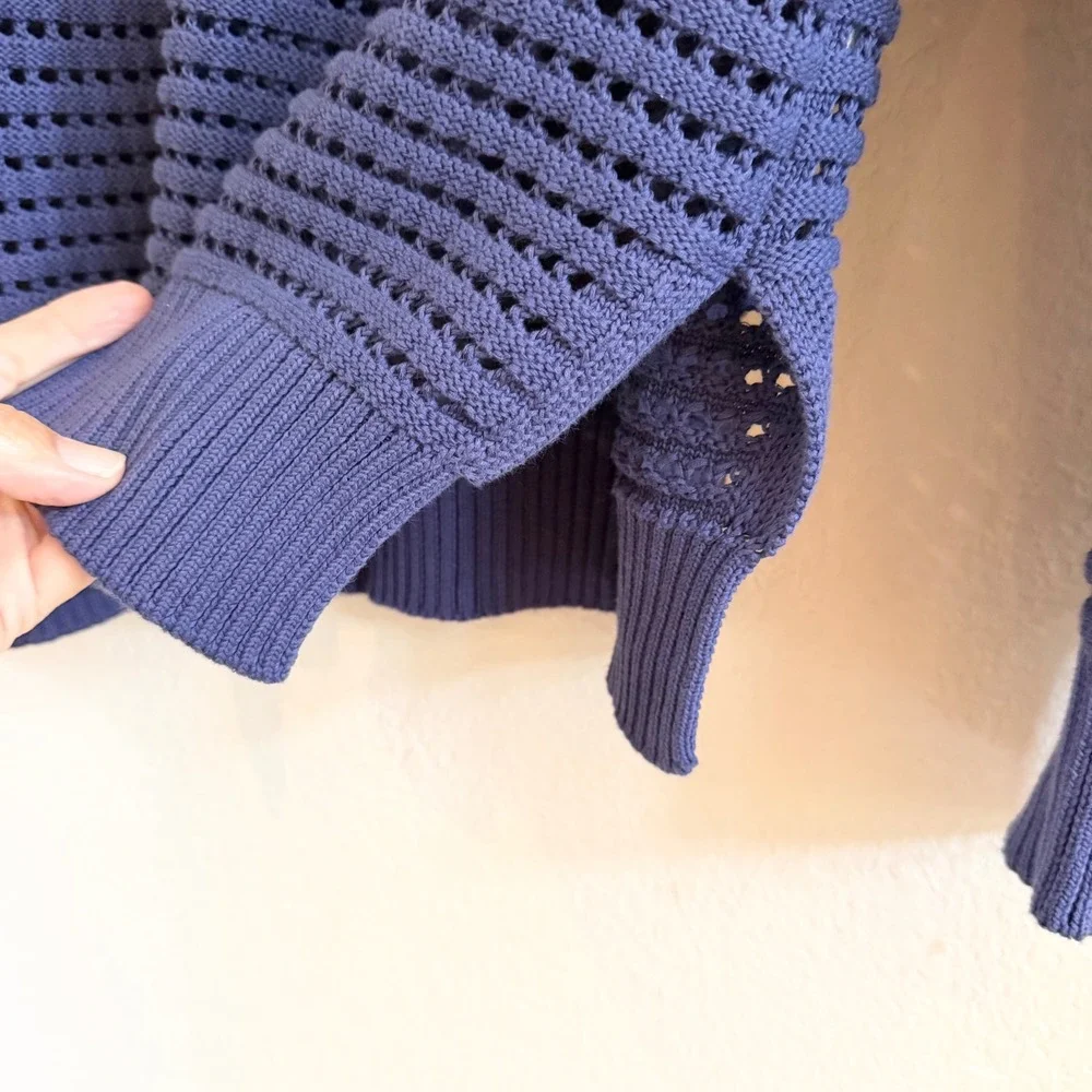Kokun‎ Womens Blue 100% Cotton Open Knit Crochet Hoodie Sweater Small Periwinkle